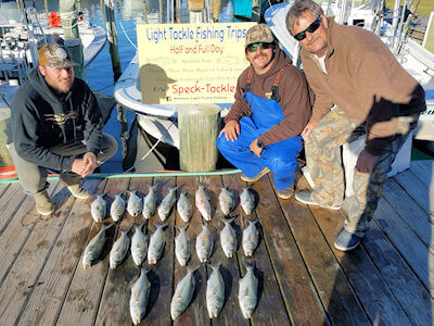 Terry, Cody and Andy standing behind their nice catch of Bluefish laying on the Teach's Lair Dock.